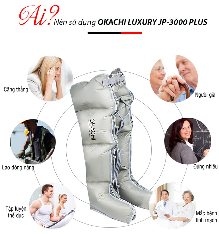 Máy nén ép trị liệu suy giãn tĩnh mạch OKACHI LUXURY JP-3000 Plus (Pin sạc)